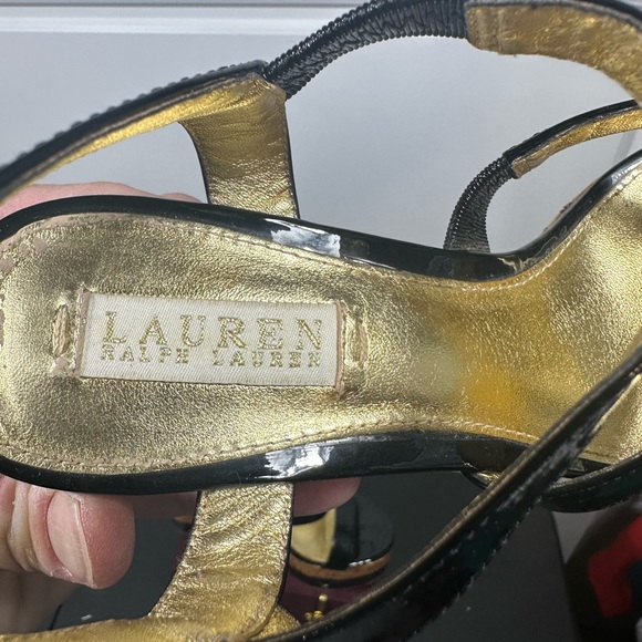 👠 Lauren Ralph Lauren Cork Heel Sandals | Black Patent | Size 7.5B - Picture 5 of 9